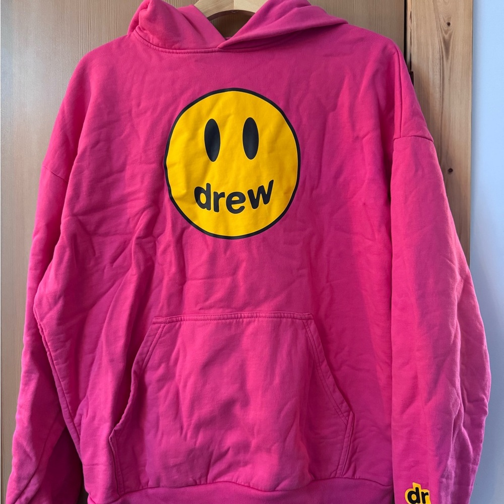 Drew House Pink Hoodie with Yellow Emblem
